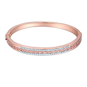 Rose Gold Tone Swarovski Crystal Bangle Bracelet – Hinged Cuff with Blue Crystal